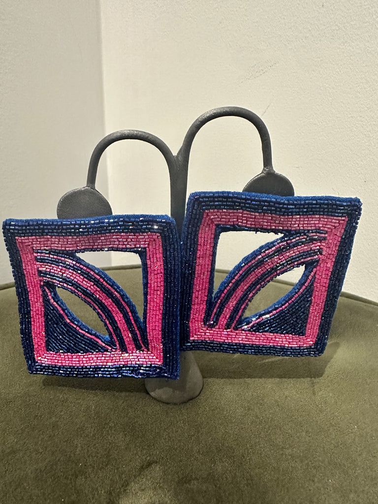 Square Pink & Blue Beaded Earrings