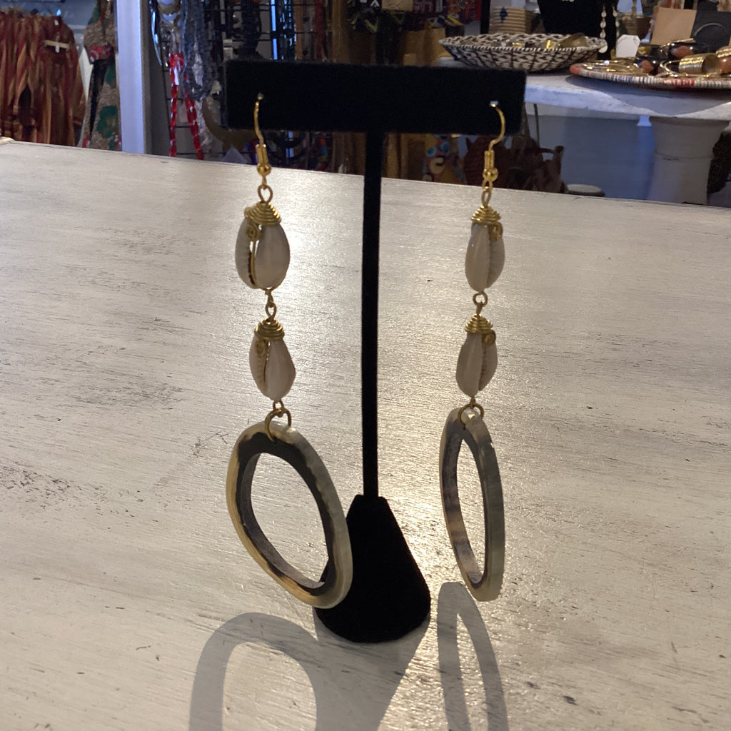 Cowrie Shell and Bone Large Earrings 0033