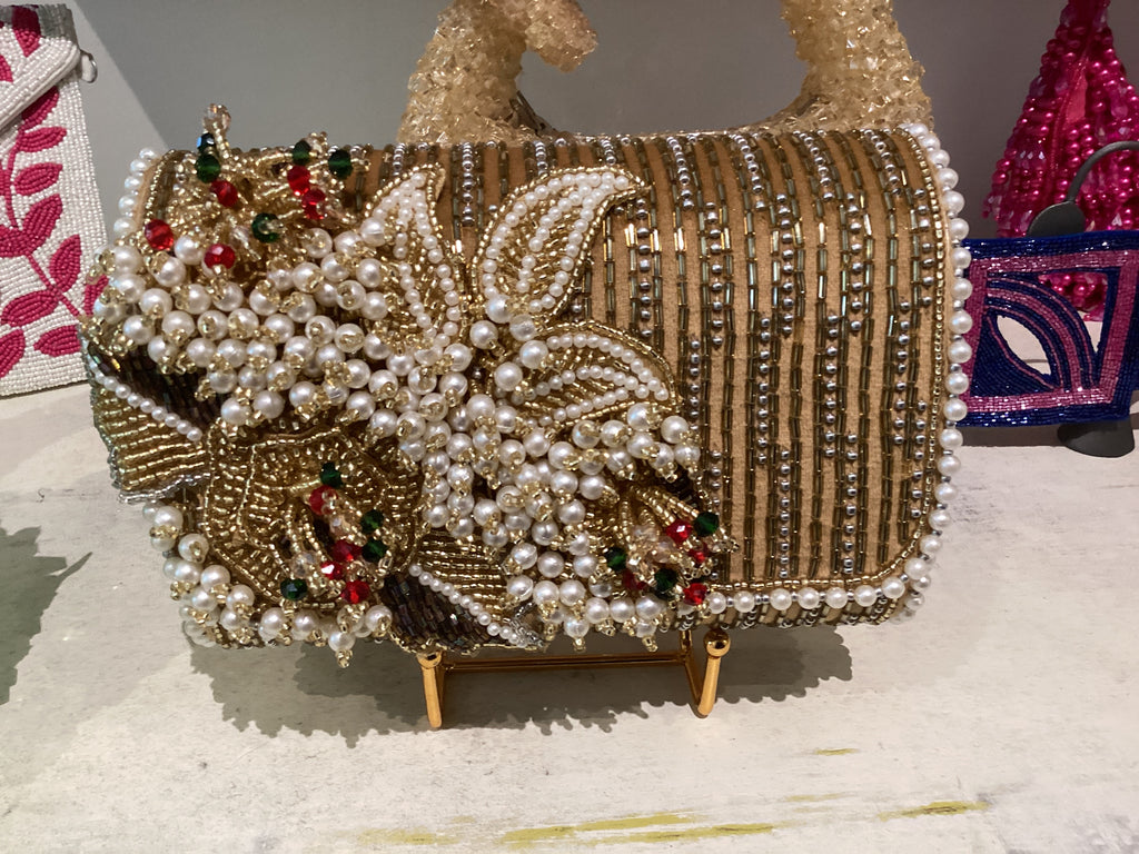 Gold & Pearl Flower Bead Bag