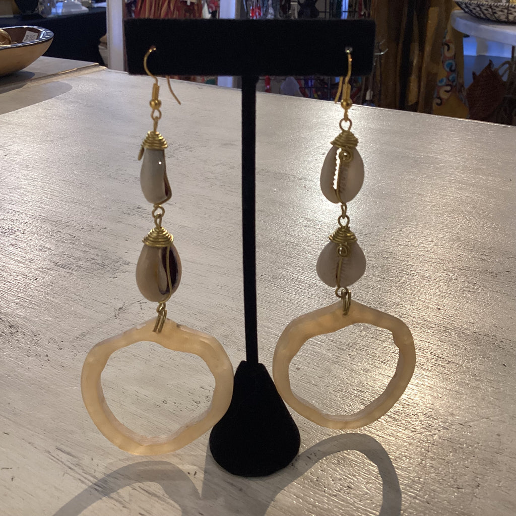 Cowrie Shell and Bone Large Earrings 0033