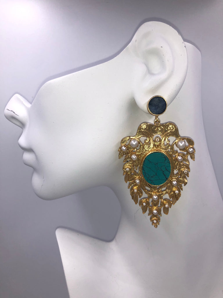 Blue Hibiscus Emerald golden leaf earrings