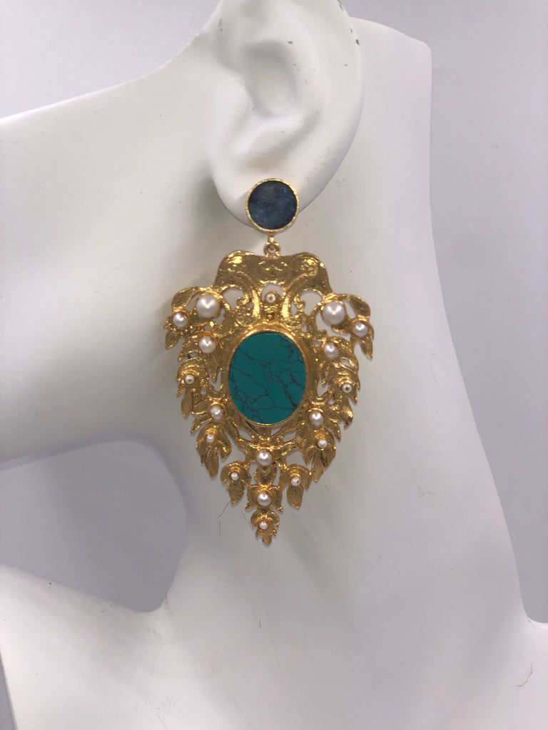 Blue Hibiscus Emerald golden leaf earrings