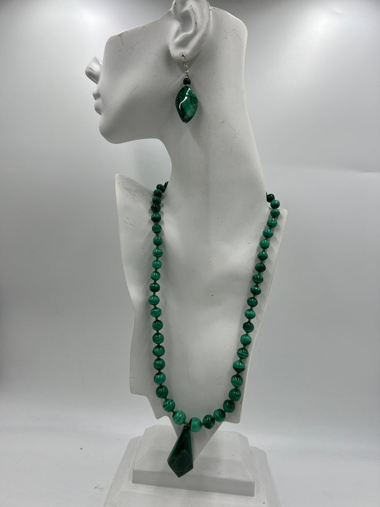 Malachite Diamond Earrings & Necklace Set