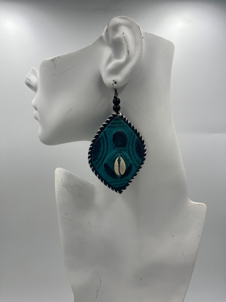 Blue Leather Shield Earrings